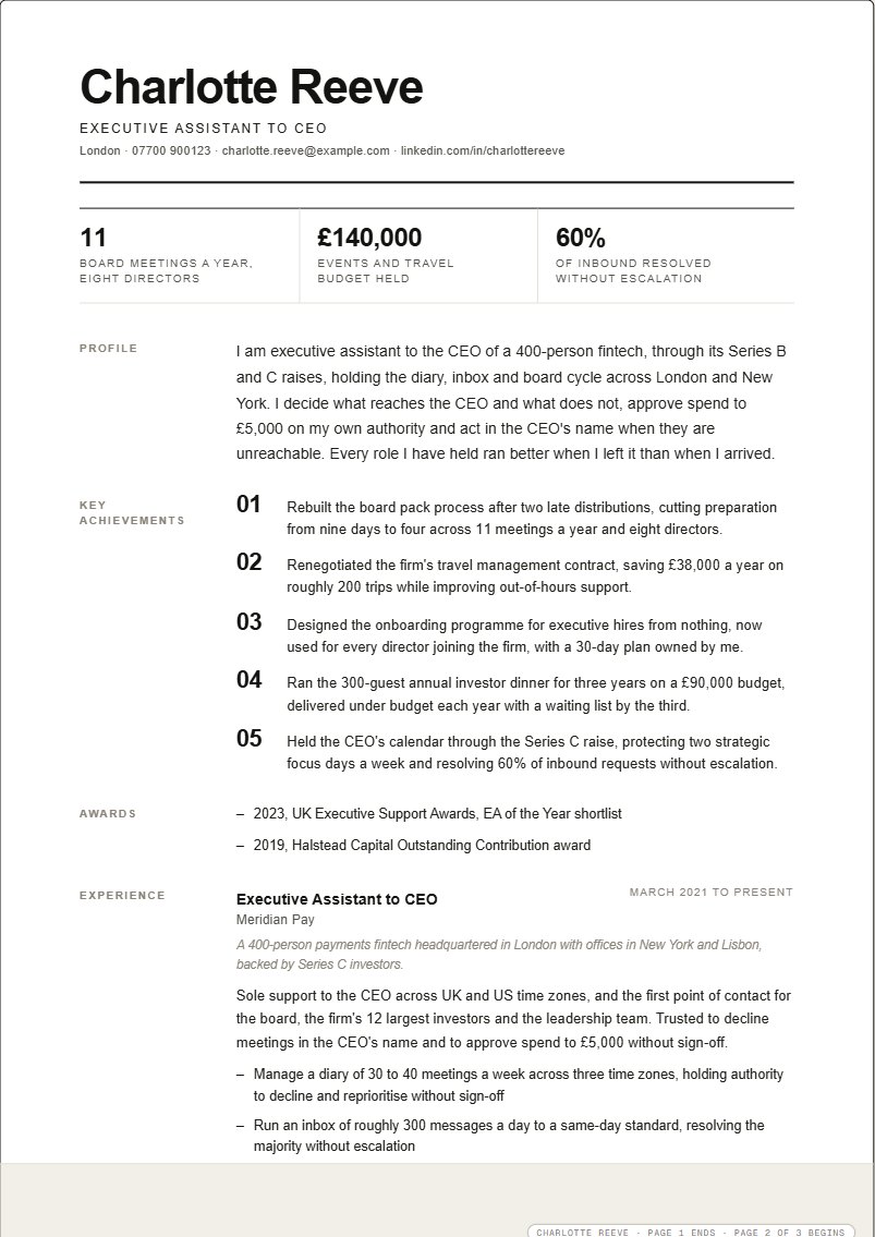 The Brief template: page one of an executive assistant CV with section labels in the margin