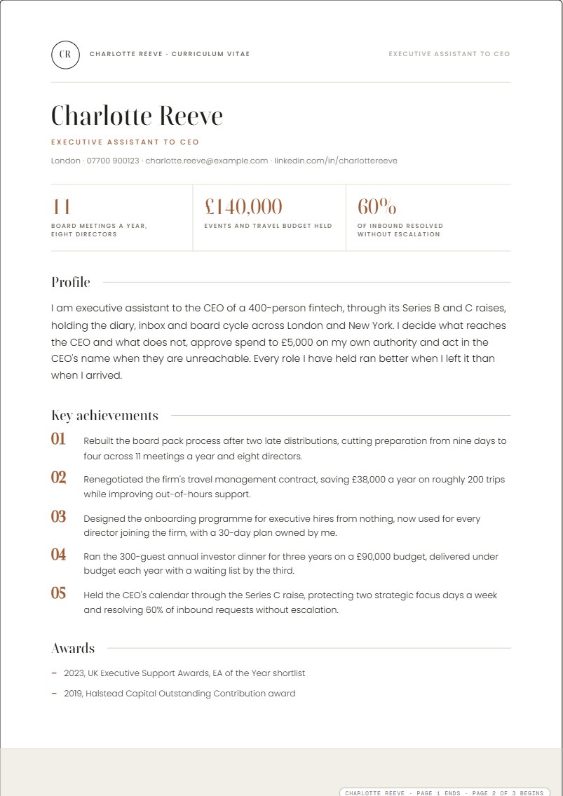 The Signature template: page one of an executive assistant CV with a figures strip and numbered achievements