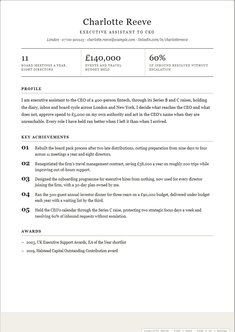 The Standard template: page one of an executive assistant CV set centred in Georgia