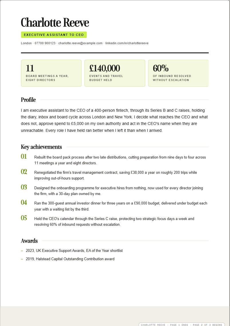 The Studio template: page one of an executive assistant CV with a lime title and green figures